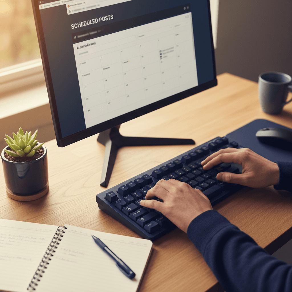 Hands typing on keyboard with social media platform on screen