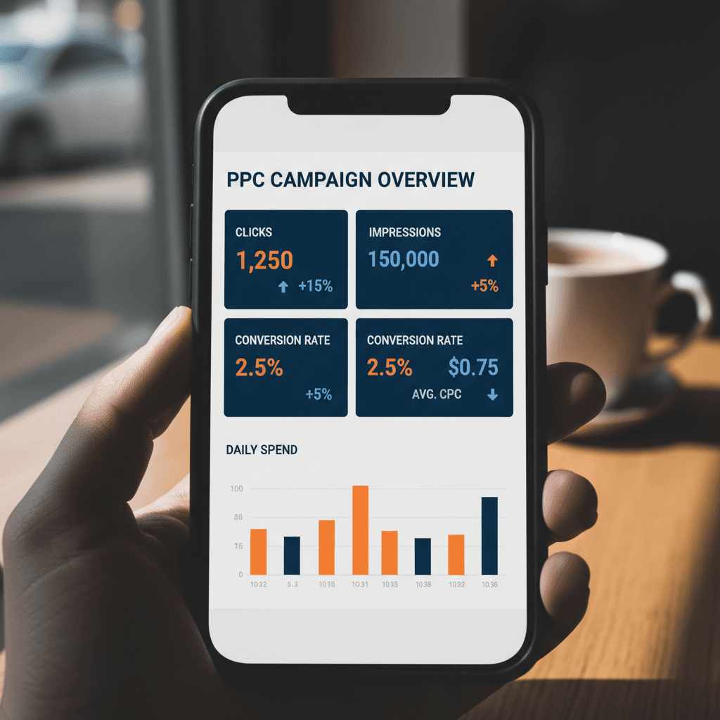 Smartphone showing PPC ad performance dashboard