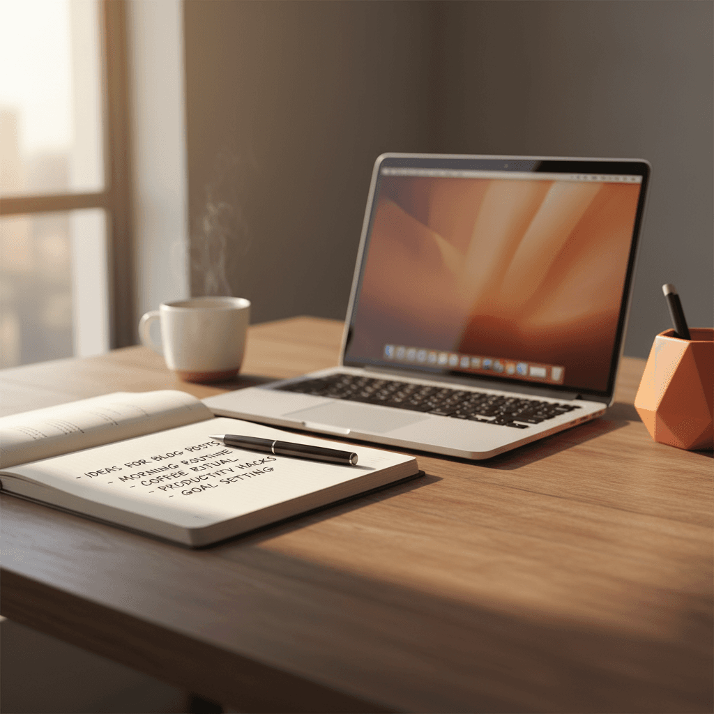 Open notebook with handwritten notes beside laptop