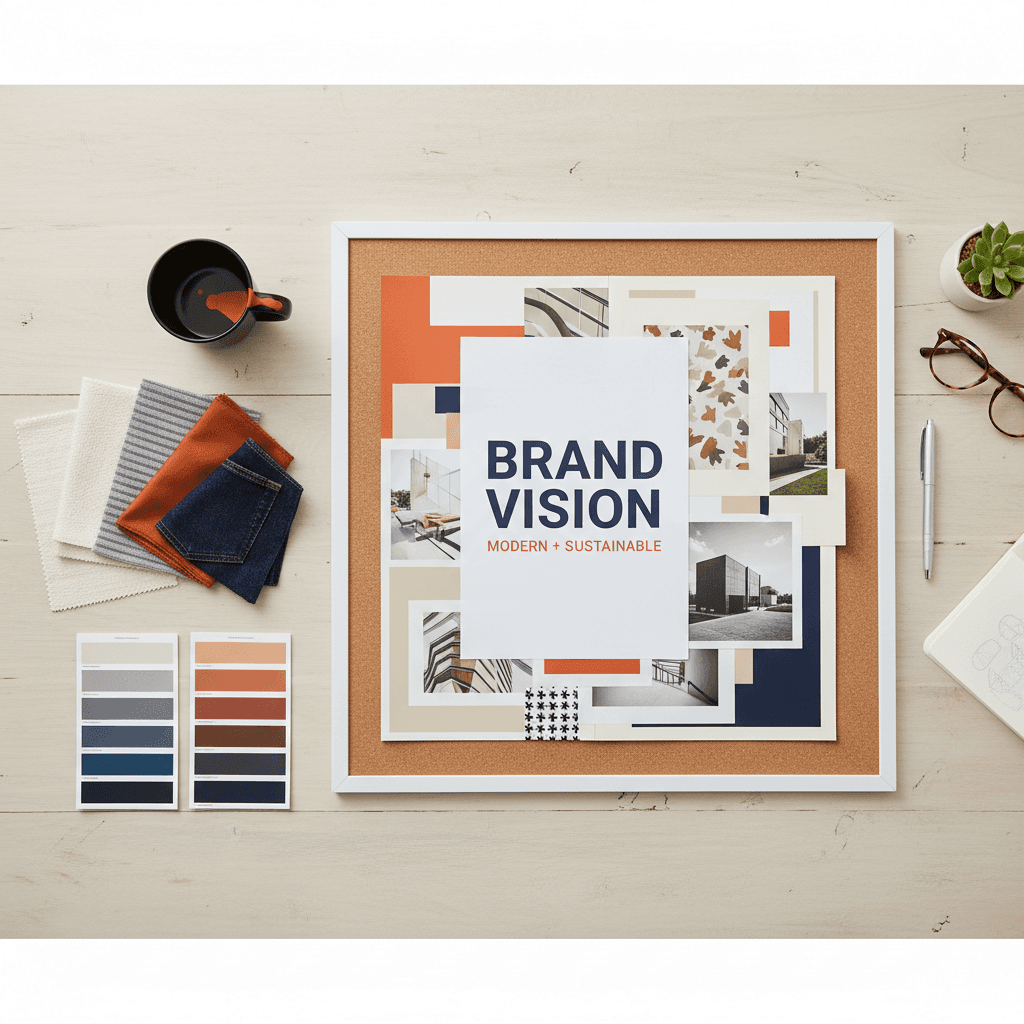 Flat lay of brand strategy materials and mood boards