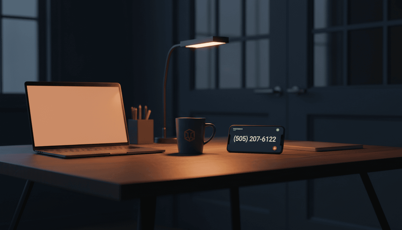 Modern office desk with laptop and phone