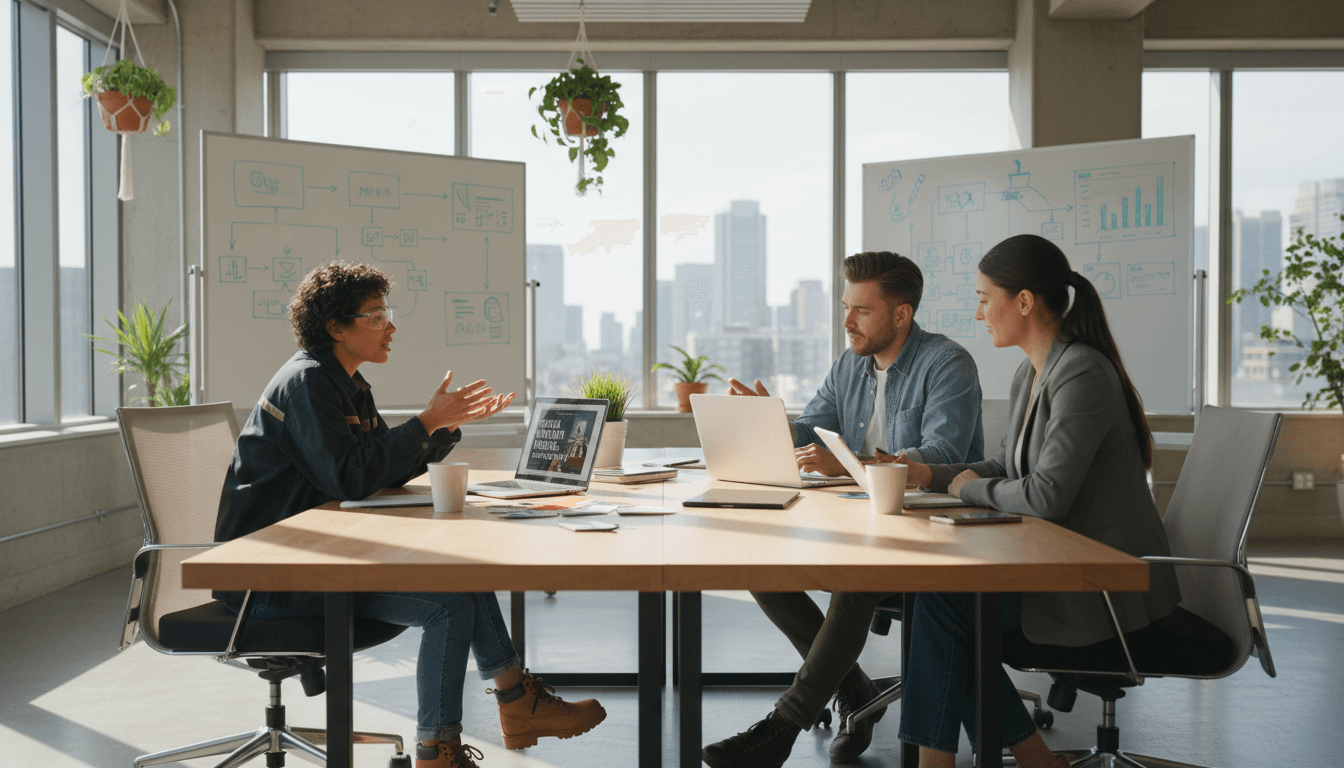 Small business team reviewing marketing data with a consultant at a laptop