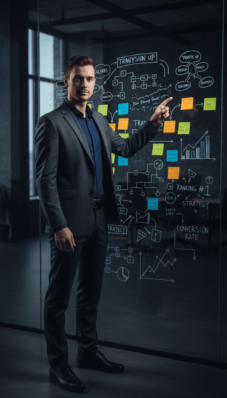 Digital marketing strategist reviewing analytics on a tablet in a modern office