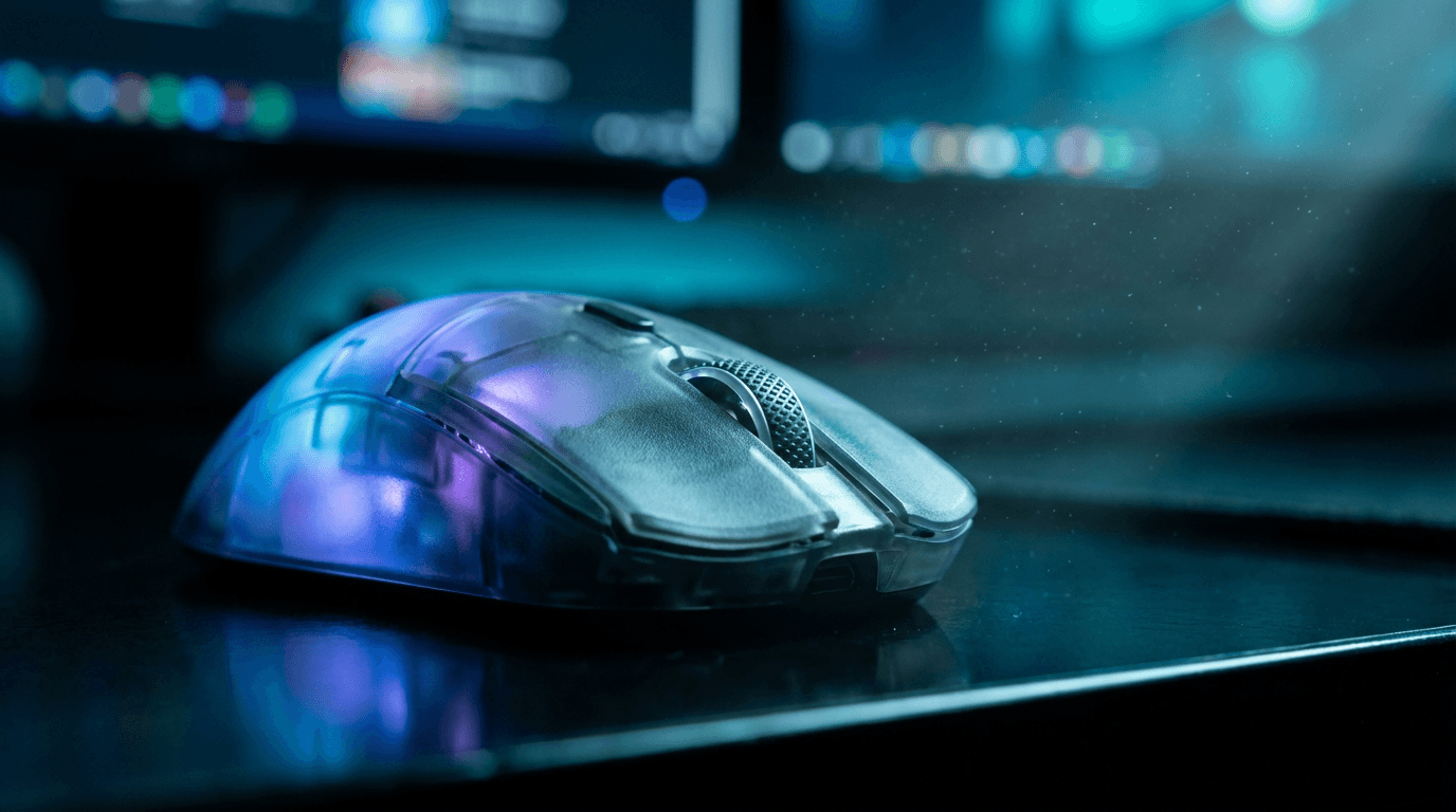 Hand clicking mouse on a desk with an ads dashboard on screen